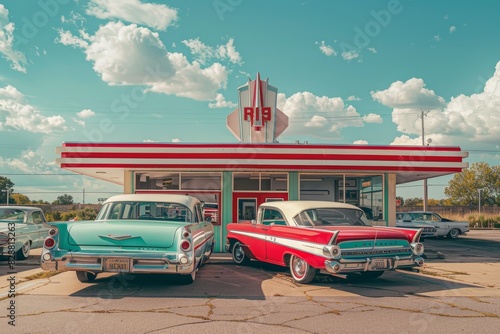 A nostalgic image of a retro drive-thru diner with vintage cars parked outside generated by AI