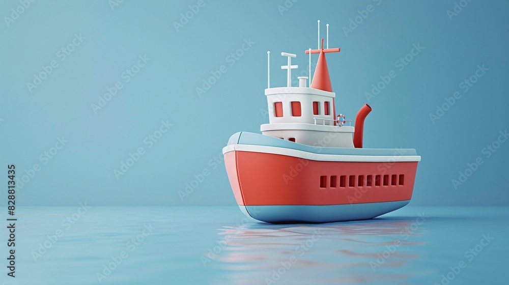 Colorful 3D illustration of a red and white boat on calm waters with a plain blue background. Suitable for nautical, travel, and maritime themes. Colorful 3D illustration of a red and white boat on calm waters with a plain blue background. Suitable for nautical, travel, and maritime themes.