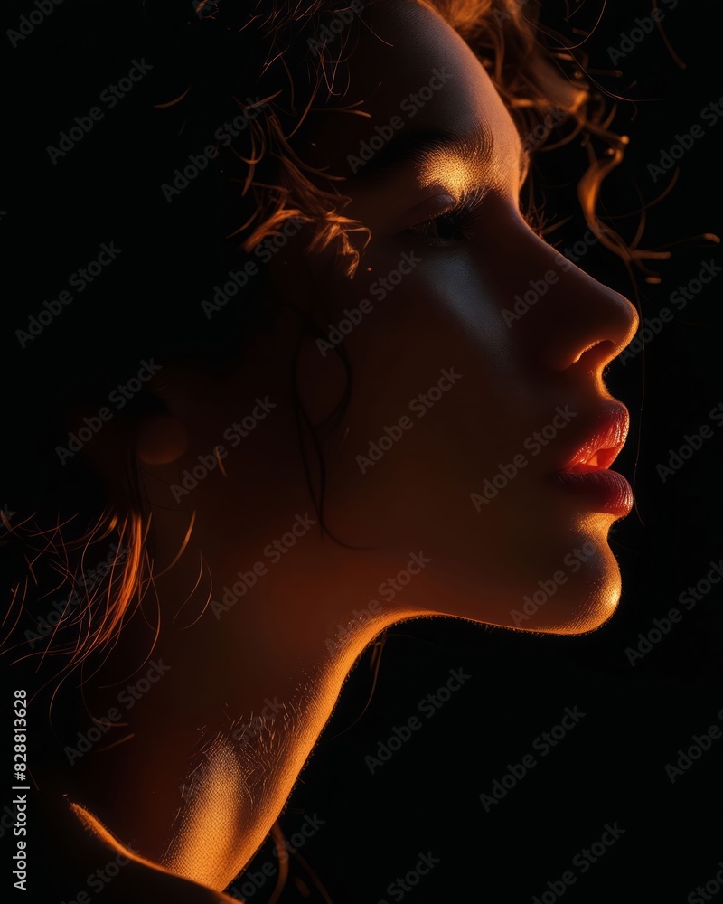 A woman in the dark with her face lit up. A woman in the dark with her face lit up.