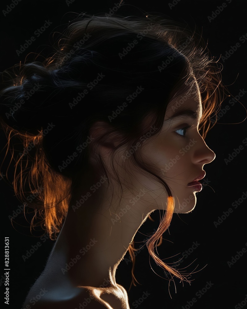 A woman in profile with her hair in the dark.
