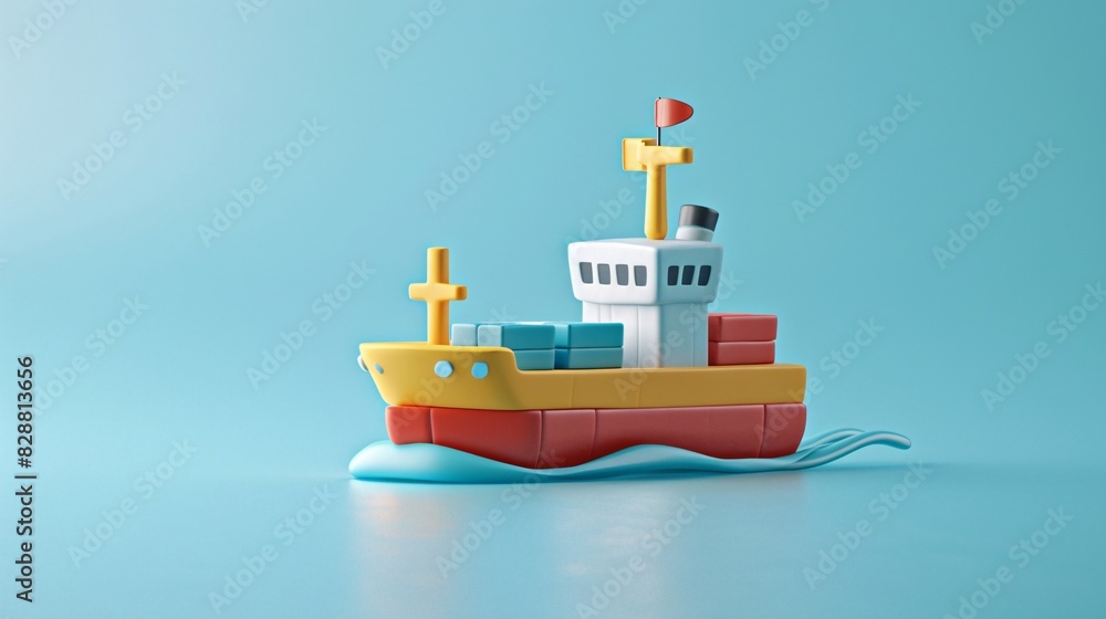Colorful 3D toy cargo ship on blue background, representing maritime transportation and logistics concept. Colorful 3D toy cargo ship on blue background, representing maritime transportation and logistics concept.