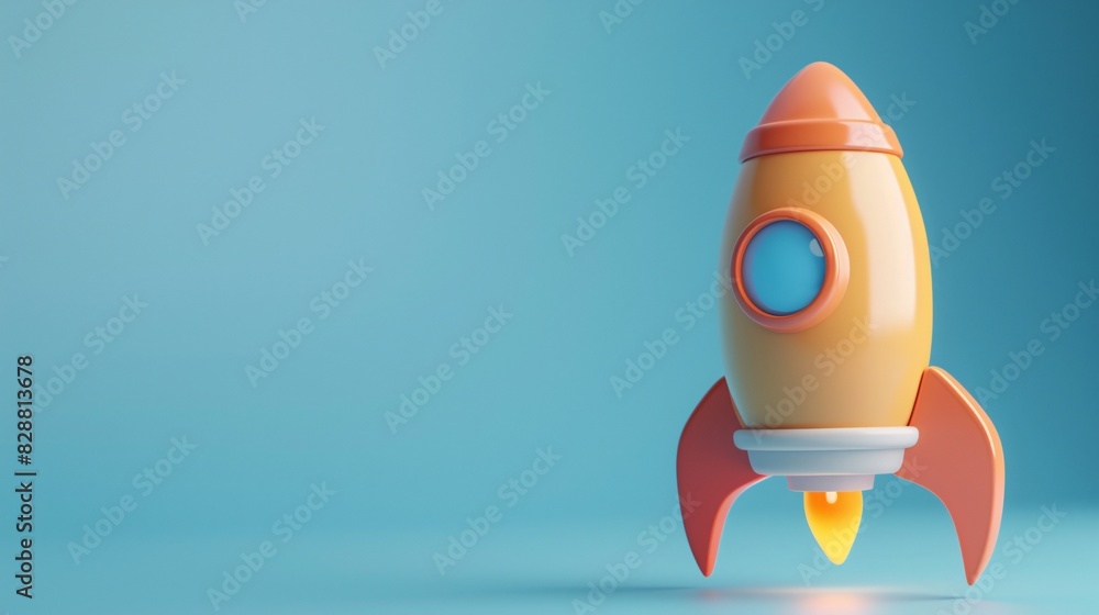 Colorful 3D rocket ship against a light blue background representing creativity, innovation, and the concept of launching new ideas.