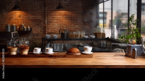 coffee cup on empty wooden table in cozy cafe  for coffee product display