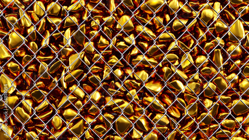 3D render of abstract golden background, golden stones protected by metallic fence
