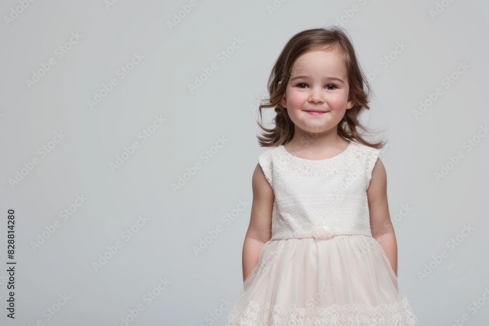 Full length of cheeful lovely little girl in dress standing over white background Full length of cheeful lovely little girl in dress standing over white background