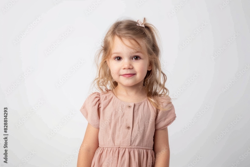 Full length of cheeful lovely little girl in dress standing over white background Full length of cheeful lovely little girl in dress standing over white background