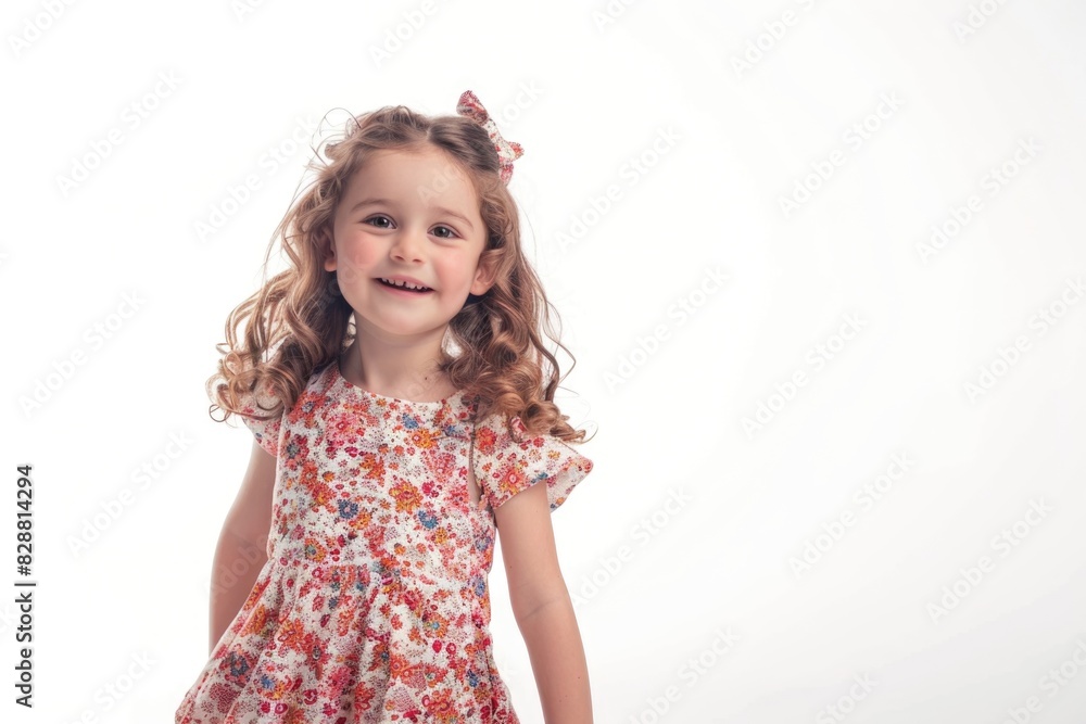 Full length of cheeful lovely little girl in dress standing over white background