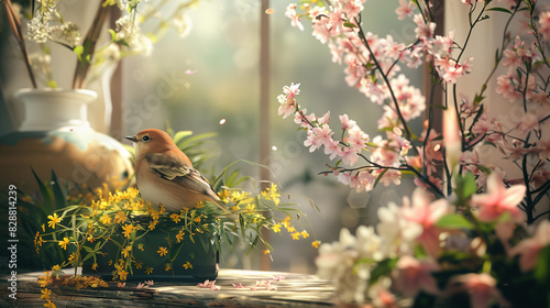 A Thou shalt infuse thy background with elements of nature , such a bloomung flowers, chipring birds, and budding trees, to signify the awakening of spring. photo