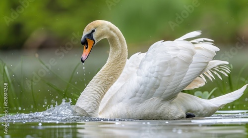 A fully grown mute swan is cleaning its feathers in the pond