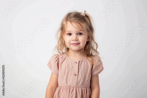 Full length of cheeful lovely little girl in dress standing over white background photo