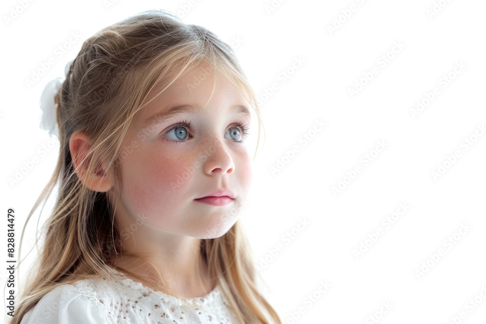 Lonely little girl in white isolation Lonely little girl in white isolation