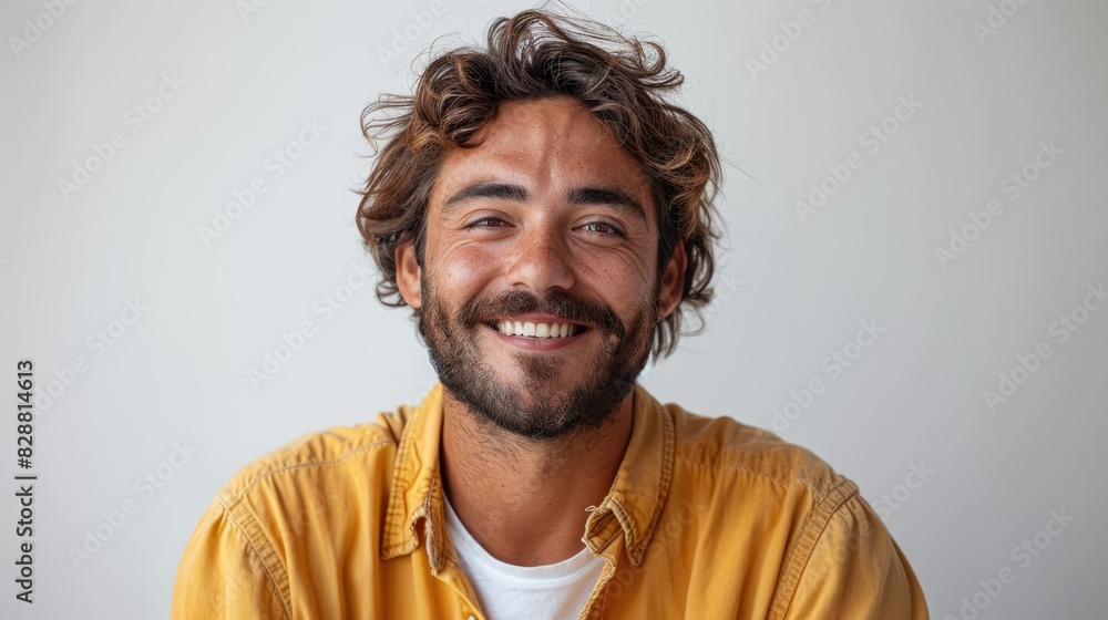 a young man with long brown hair and a beard. He is wearing a yellow shirt and has a happy expression on his face. a young man with long brown hair and a beard. He is wearing a yellow shirt and has a happy expression on his face.