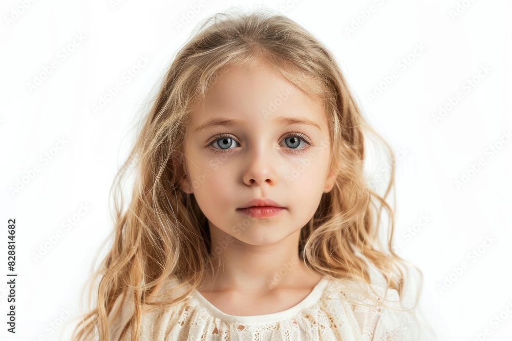 Portrait of a emotional beautiful little girl. Isolated on white background.