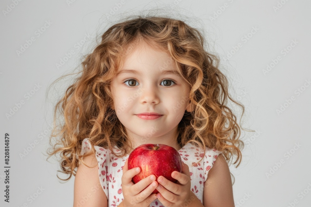 Pretty curly little girl standing and holding red apple over white background Pretty curly little girl standing and holding red apple over white background