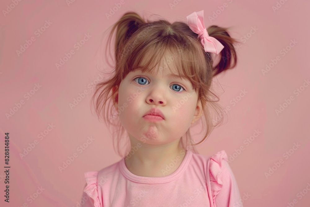 Pretty little girl in pink making funny face. Pretty little girl in pink making funny face.