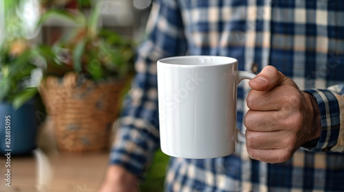 close up man holding mug print on demand plain 11oz coffee white mug, plain mug mockup office business background