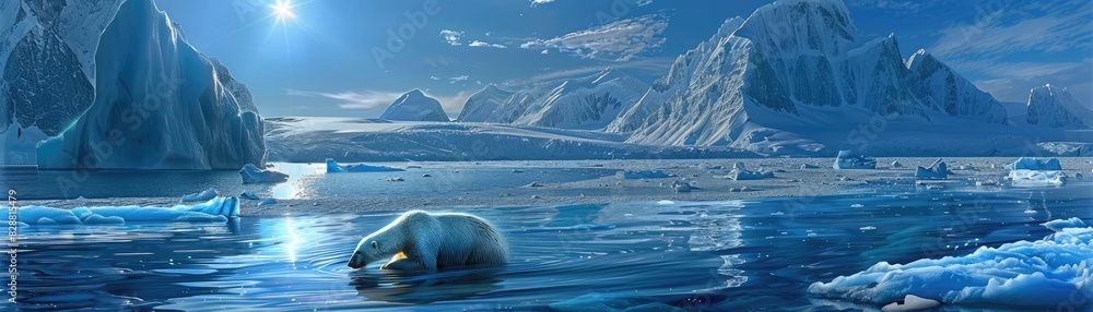 Fototapeta premium A stunning panoramic view of an Arctic landscape with icebergs floating on the tranquil ocean under a clear blue sky.