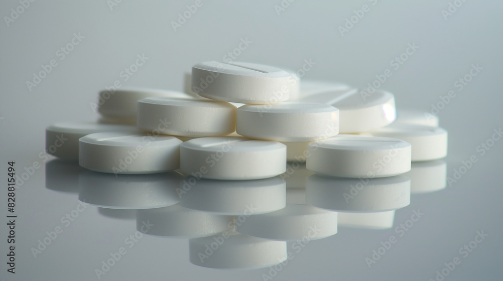 Close-up of a pile of round white tablets on a reflective surface , health care, macro shot Close-up of a pile of round white tablets on a reflective surface , health care, macro shot