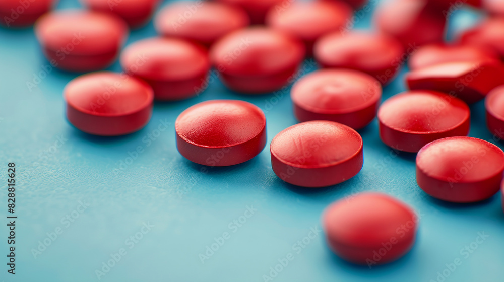 Close-up of bright red pills on a blue background , health care, macro shot Close-up of bright red pills on a blue background , health care, macro shot