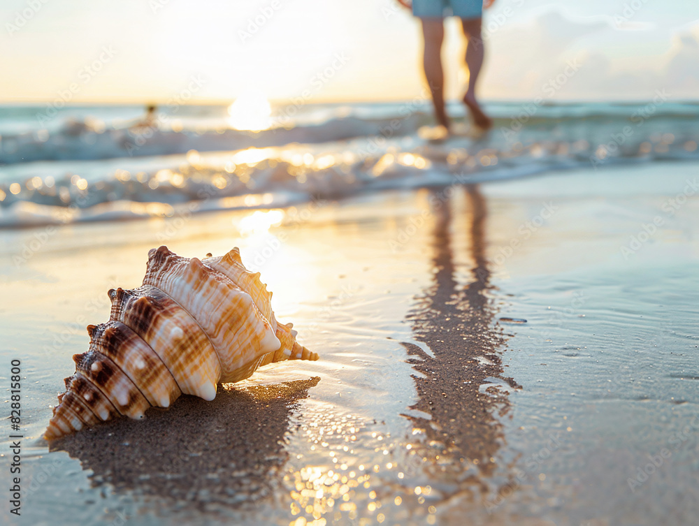 Mindfulness - walking with bare feet through the water of the waves on the beach with a shell in front Mindfulness - walking with bare feet through the water of the waves on the beach with a shell in front