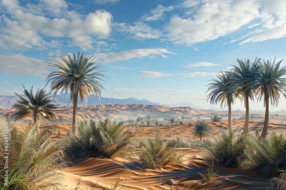 Golden desert islamic mosque date palm tree and camel arabian landscape background Golden desert islamic mosque date palm tree and camel arabian landscape background