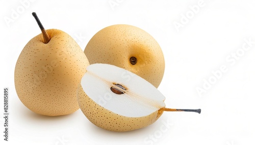 Asian pear - Pyrus pyrifolia - have a high water content and a crisp, grainy texture, commonly served raw and peeled. The fruit tends to be quite large and fragrant. isolated on white background photo