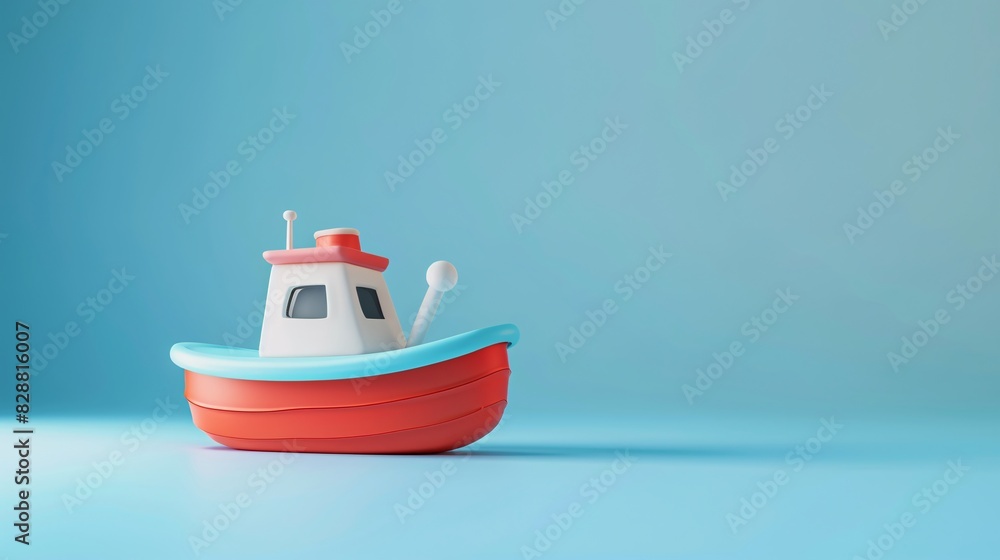 Naklejka premium Colorful toy boat on a blue background. Minimalist marine-themed children's toy still life. Playful and cheerful concept with copy space.