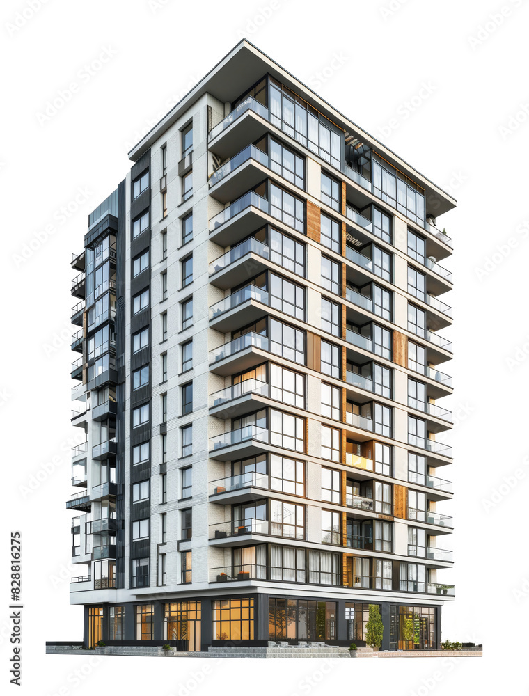 High-rise luxury apartment building at night on transparent background ...