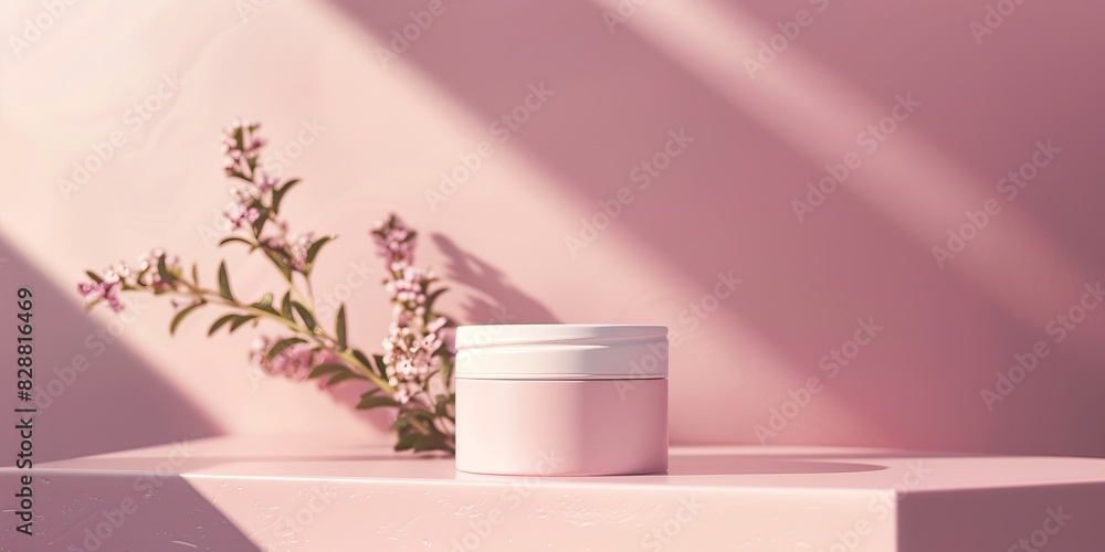 A small jar of cream sits on a table next to a bunch of pink flowers. cosmetic product A small jar of cream sits on a table next to a bunch of pink flowers. cosmetic product