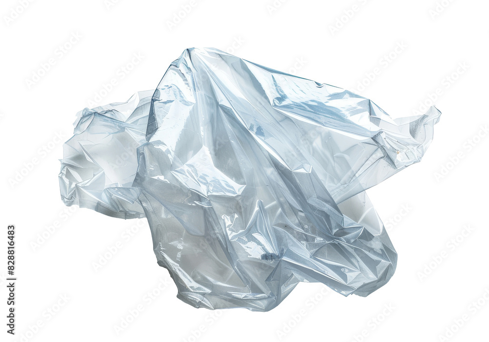 Fototapeta premium Single translucent crumpled plastic sheet on transparent