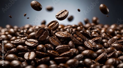 Flying or falling hot roasted caffeine coffee beans in the air isolated on a dark brown background. Arabian or aroma beans for hot drink for cafe advertising  package design. 