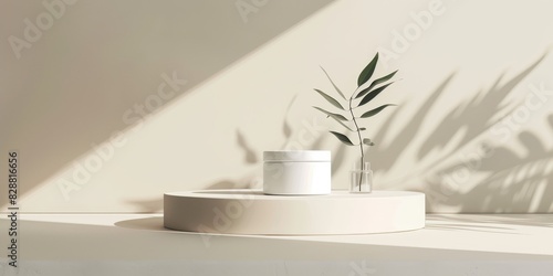 A white product with a leaf in it sits on a white pedestal