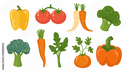 Vector icons of different types of vegetables including carrots, broccoli, tomatoes, and peppers , vector style, food icon set