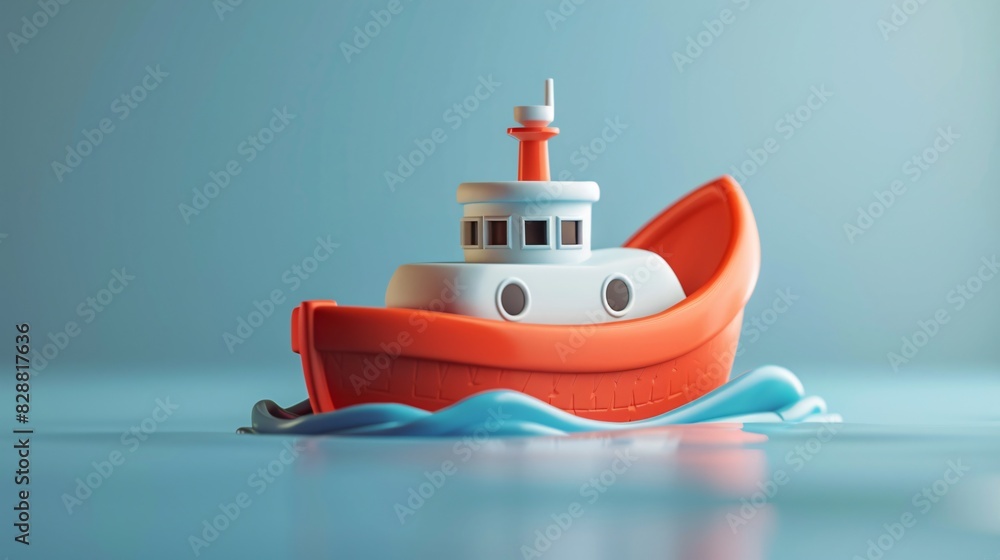 Cute red and white toy boat floating on blue water. Perfect for child's playtime, nautical themes, or educational purposes. Cute red and white toy boat floating on blue water. Perfect for child's playtime, nautical themes, or educational purposes.