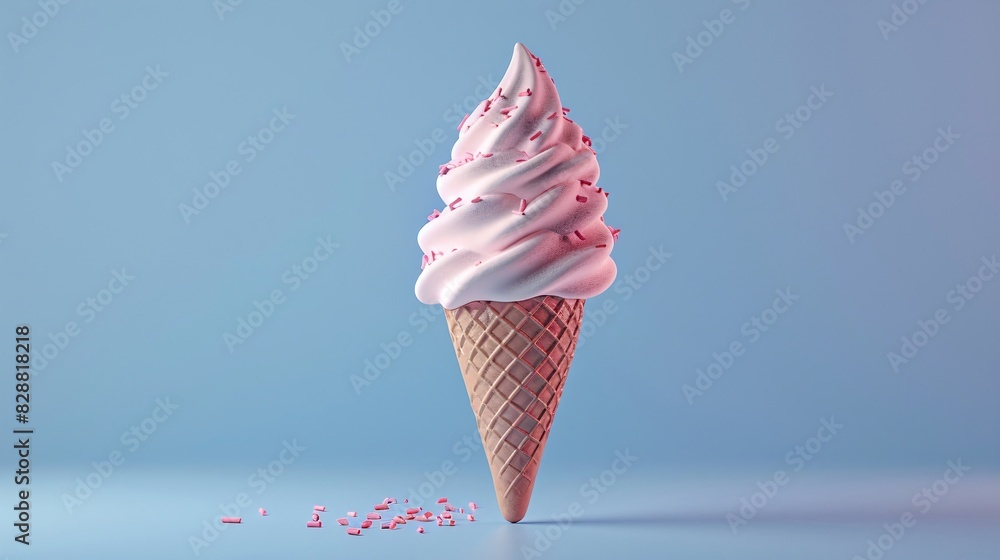 Delicious pink soft-serve ice cream in a waffle cone with colorful sprinkles on a blue background. Delicious pink soft-serve ice cream in a waffle cone with colorful sprinkles on a blue background.
