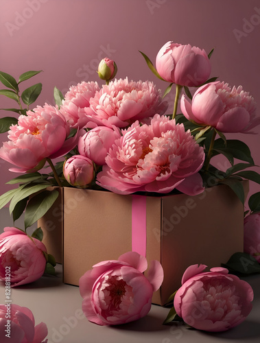 Pink large flowers peonies in a craft cardboard box
 photo