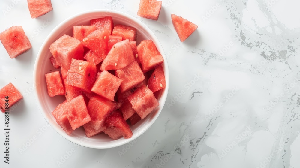 Top-View Shot: Bowl of Freshly Chopped Watermelon on White Marble Background Top-View Shot: Bowl of Freshly Chopped Watermelon on White Marble Background