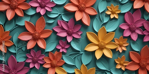 
wallpaper representing a pattern with flowers and leaves of random colors in relief. photo