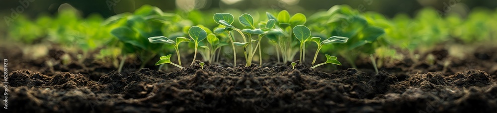 A panoramic view of Rye sprouts growing in the soil, with roots visible and green leaves showing signs of life. The background is blurred to emphasize the foreground. A panoramic view of Rye sprouts growing in the soil, with roots visible and green leaves showing signs of life. The background is blurred to emphasize the foreground.