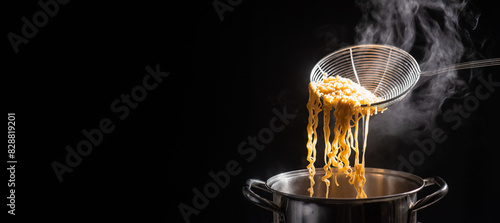 The cook is using a strainer to boil yellow noodles in a stainless steel pot that is boiling and steaming.