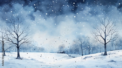 Serene winter landscape with bare trees and falling snow under a dark blue sky, capturing the tranquility of a snow-covered countryside.