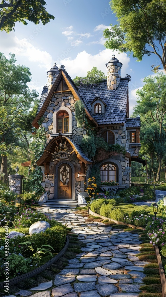 Stone Cottage with Winding Path and Lush Greenery