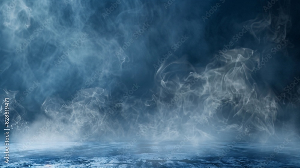 Abstract blue smoke moves on black background. Blue fog on the empty dark scene, studio room with mist Abstract blue smoke moves on black background. Blue fog on the empty dark scene, studio room with mist