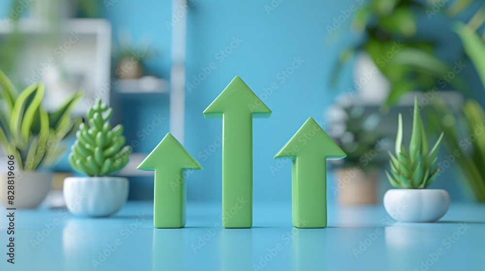 Green arrows pointing upward surrounded by potted plants on a blue background, symbolizing growth and progress in business or nature. Green arrows pointing upward surrounded by potted plants on a blue background, symbolizing growth and progress in business or nature.