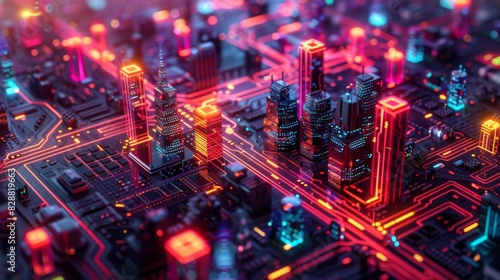 Futuristic Smart Cyber City: Innovative Urban Landscape in Digital Circuitry, futuristic technology concept,  graphic banner design