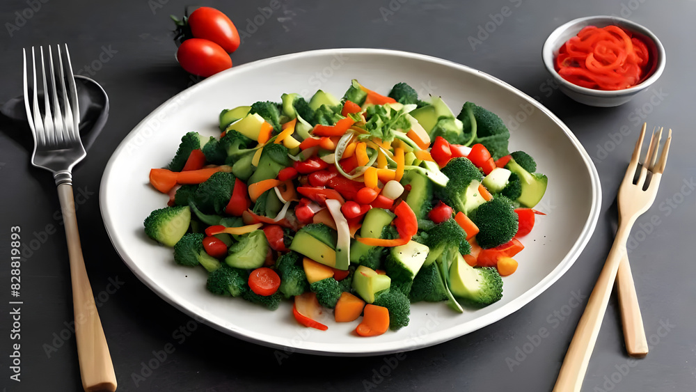 Variety of fruits and vegetables salad. ai generated image.