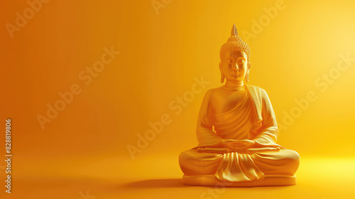 Buddha statue in a blue room with copy space for text