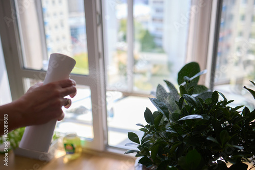 A person outdoors is using a spray bottle to water a plant in a garden Free Download A person outdoors is using a spray bottle to water a plant in a garden - GFXLoad
