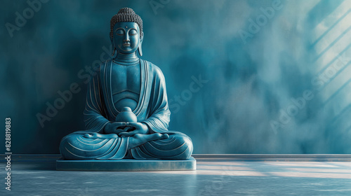 Buddha statue in a blue room with copy space for text photo