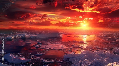Stunning sunset over a tranquil icy ocean with vibrant red and orange sky reflecting on the water, highlighting nature's serene and breathtaking beauty.